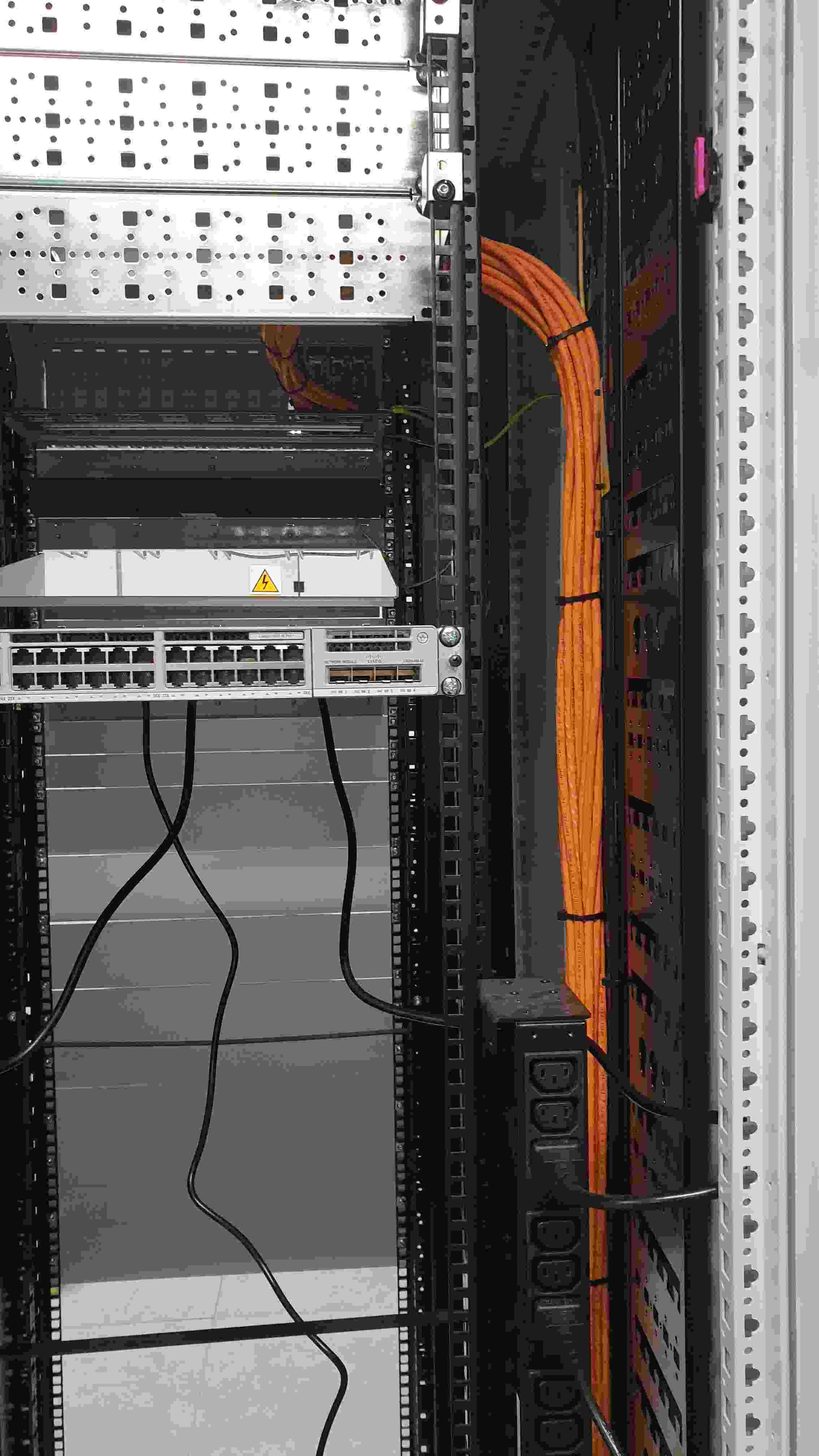 Szafa RACK z switchem HP – wiązki kabli pomarańczowych